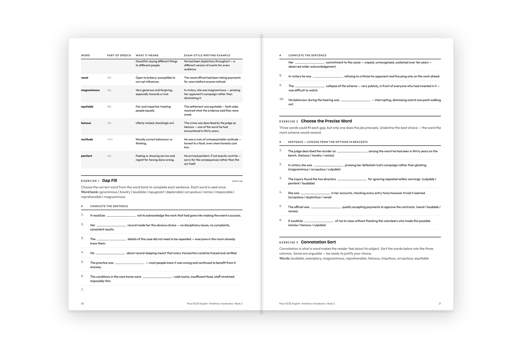 Pages 20 and 21 of Ambitious Vocabulary Workbook 2, showing the word reference table and three write-in exercises