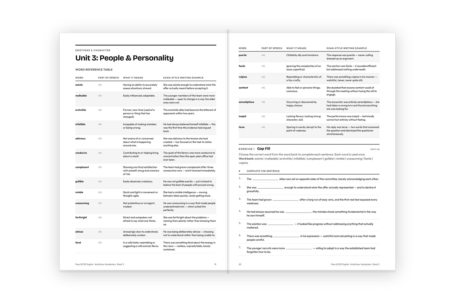 Pages 19 and 20 of Ambitious Vocabulary Workbook 3, Unit 3 People and Personality, showing the word reference table and gap-fill exercise