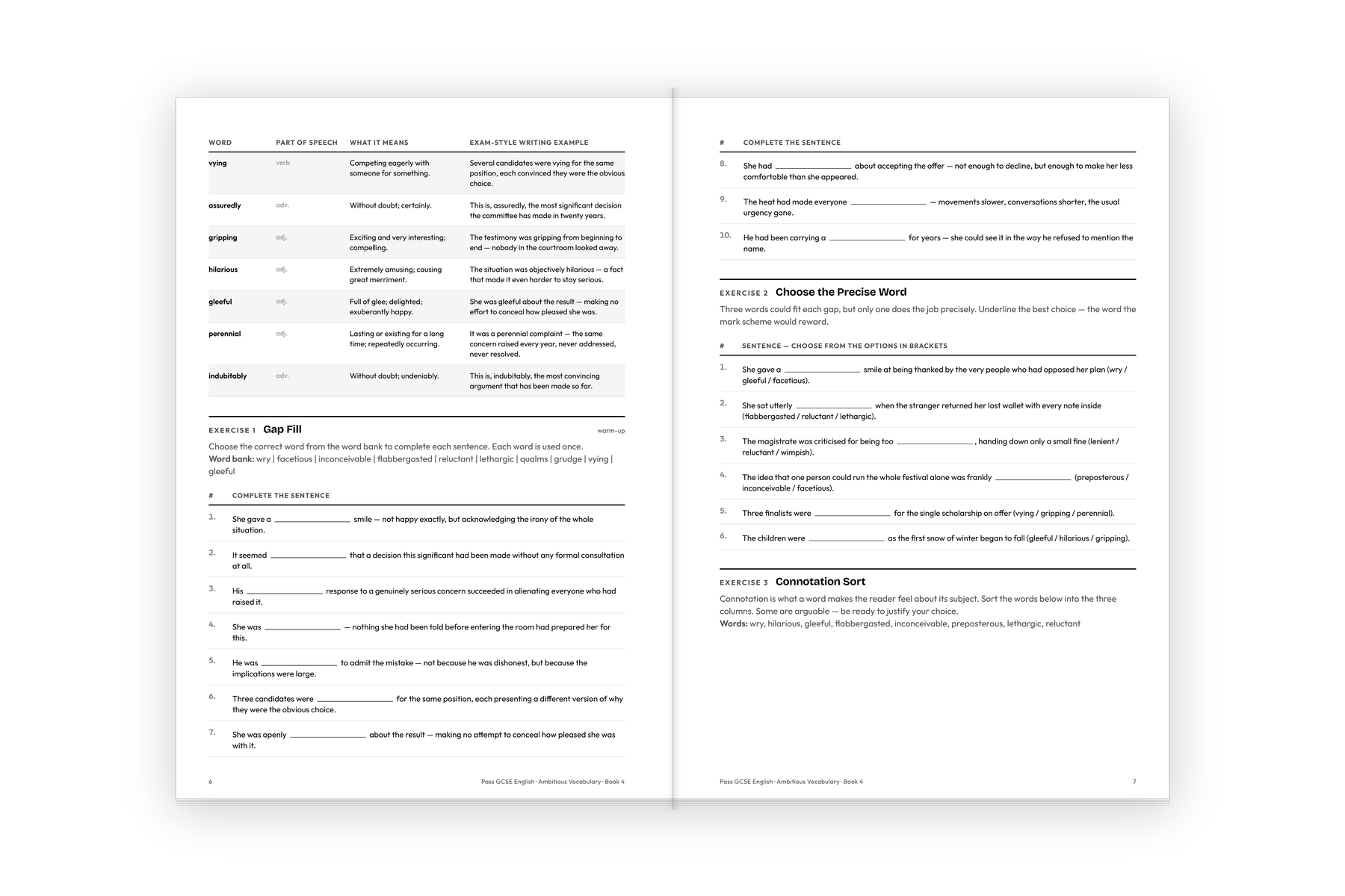 Pages 6 and 7 of Ambitious Vocabulary Workbook 4, showing the word reference table and three write-in exercises