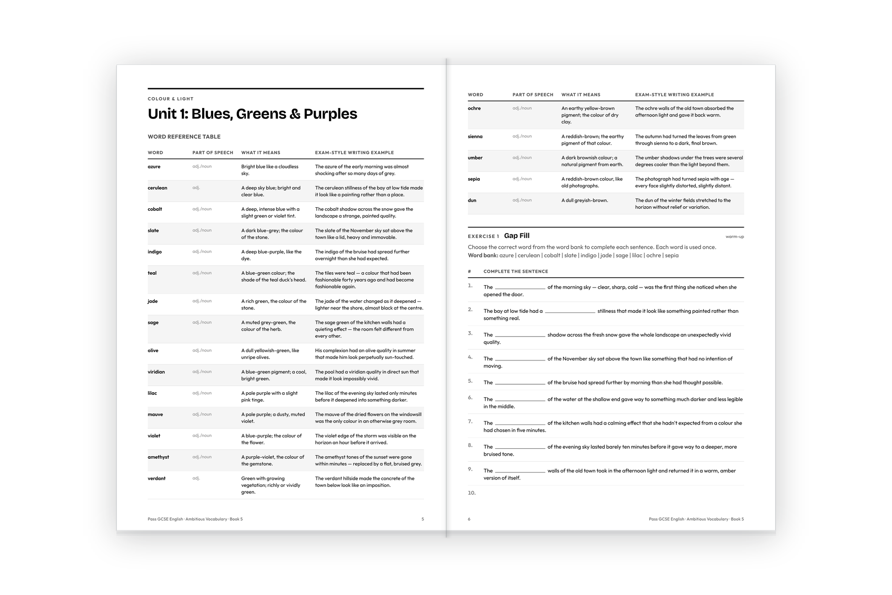 Pages 5 and 6 of Ambitious Vocabulary Workbook 5, Unit 1 Blues, Greens and Purples, showing the word reference table and gap-fill exercise