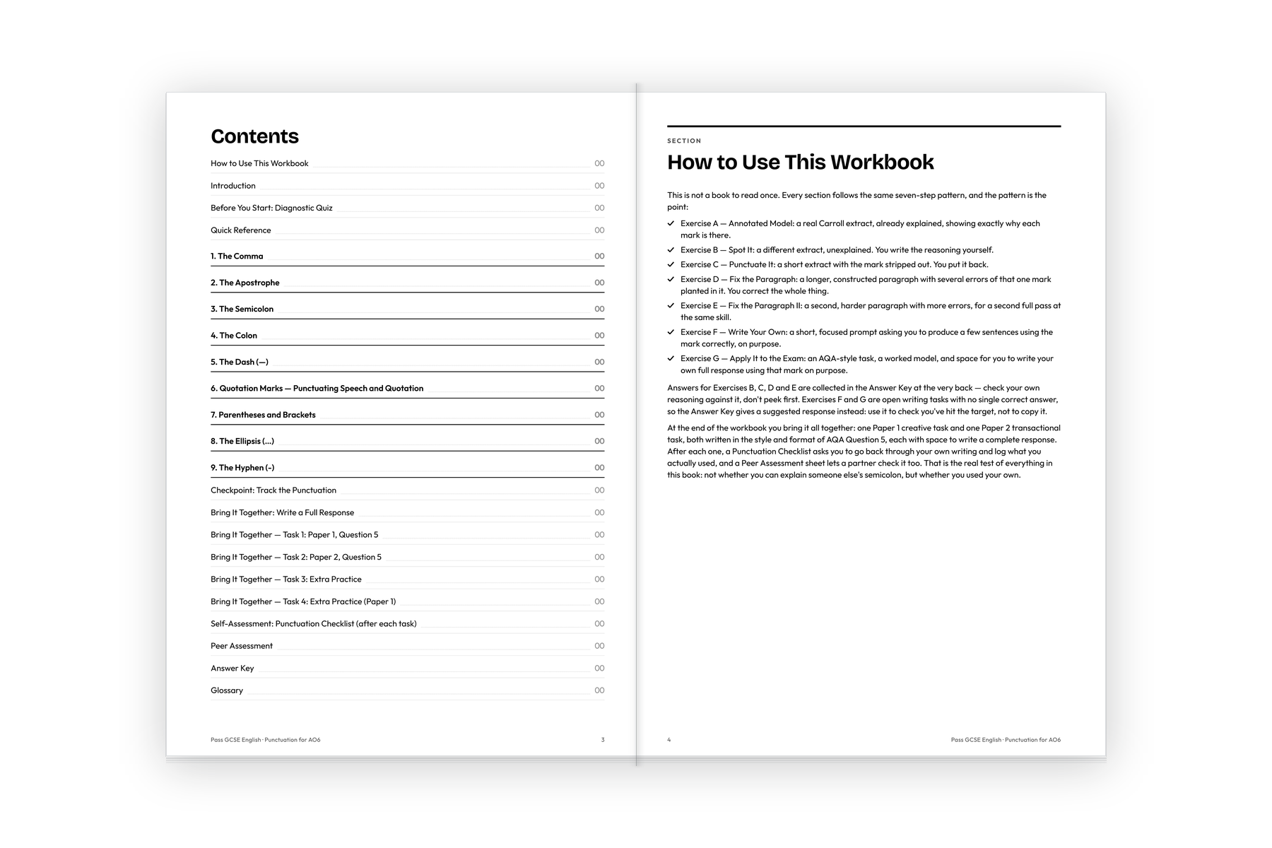 Pages 3 and 4 of the Beyond Level 3 Punctuation workbook, showing the contents list and the seven-step pattern every section follows