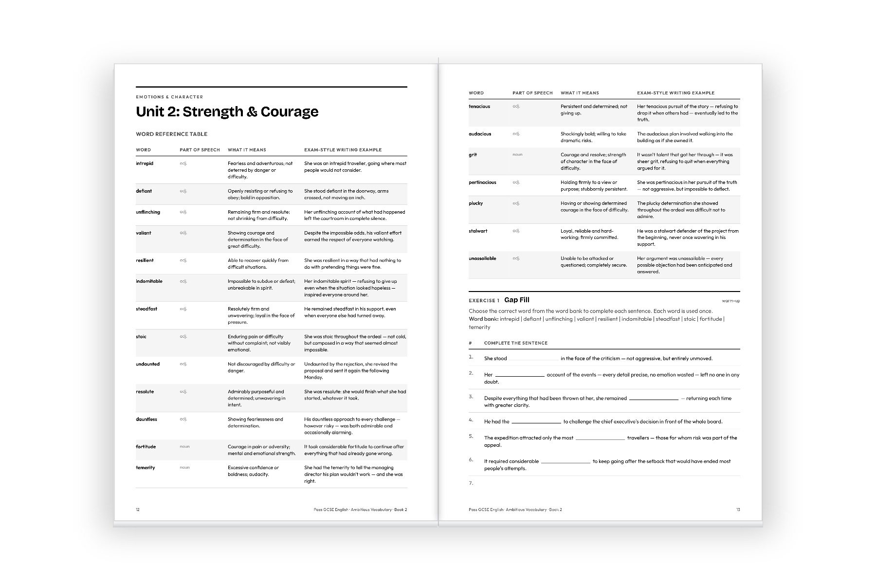 Sample spread from the Ambitious Vocabulary series showing a word reference table and a gap-fill exercise