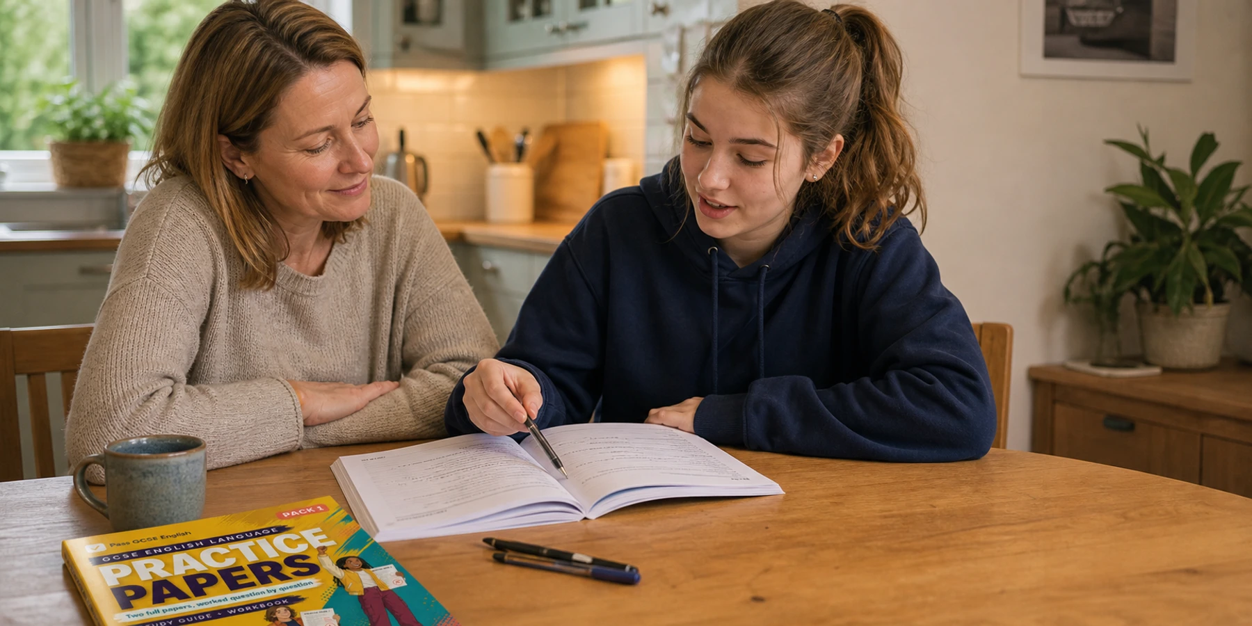 A parent helping their daughter revise at the kitchen table using a Pass GCSE English workbook