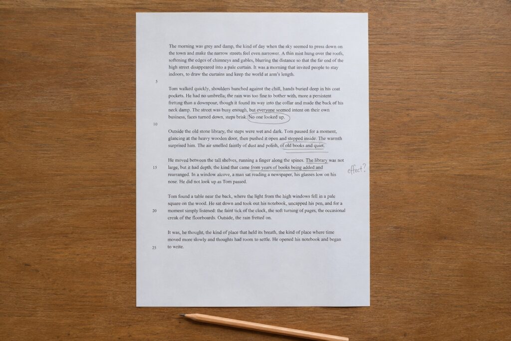 A printed GCSE English exam extract on a wooden desk, with two phrases underlined in pencil, one phrase circled, and the word “effect” written in the margin.