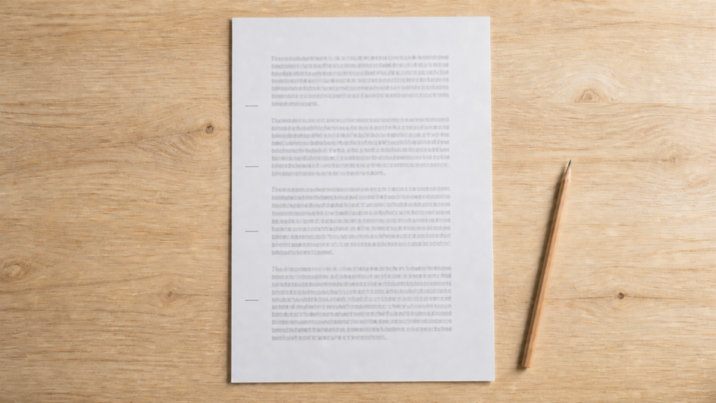 A printed page of prose on a wooden desk with four short pencil marks in the left margin, each showing a point where the focus of the writing shifts.