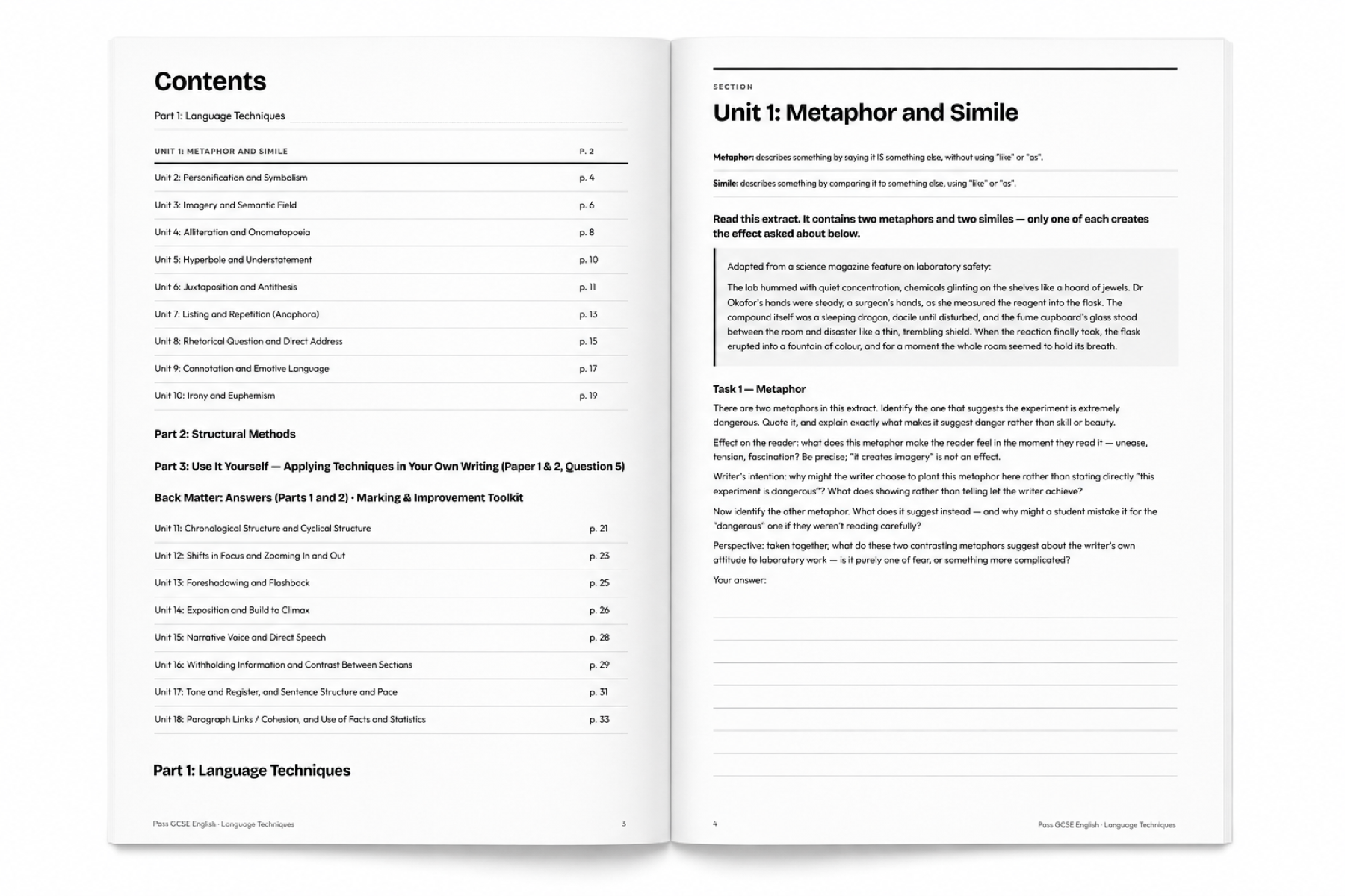 Two pages from the Language Techniques and Methods workbook, showing the contents list and Unit 1 on metaphor and simile with an extract containing two metaphors and two similes.