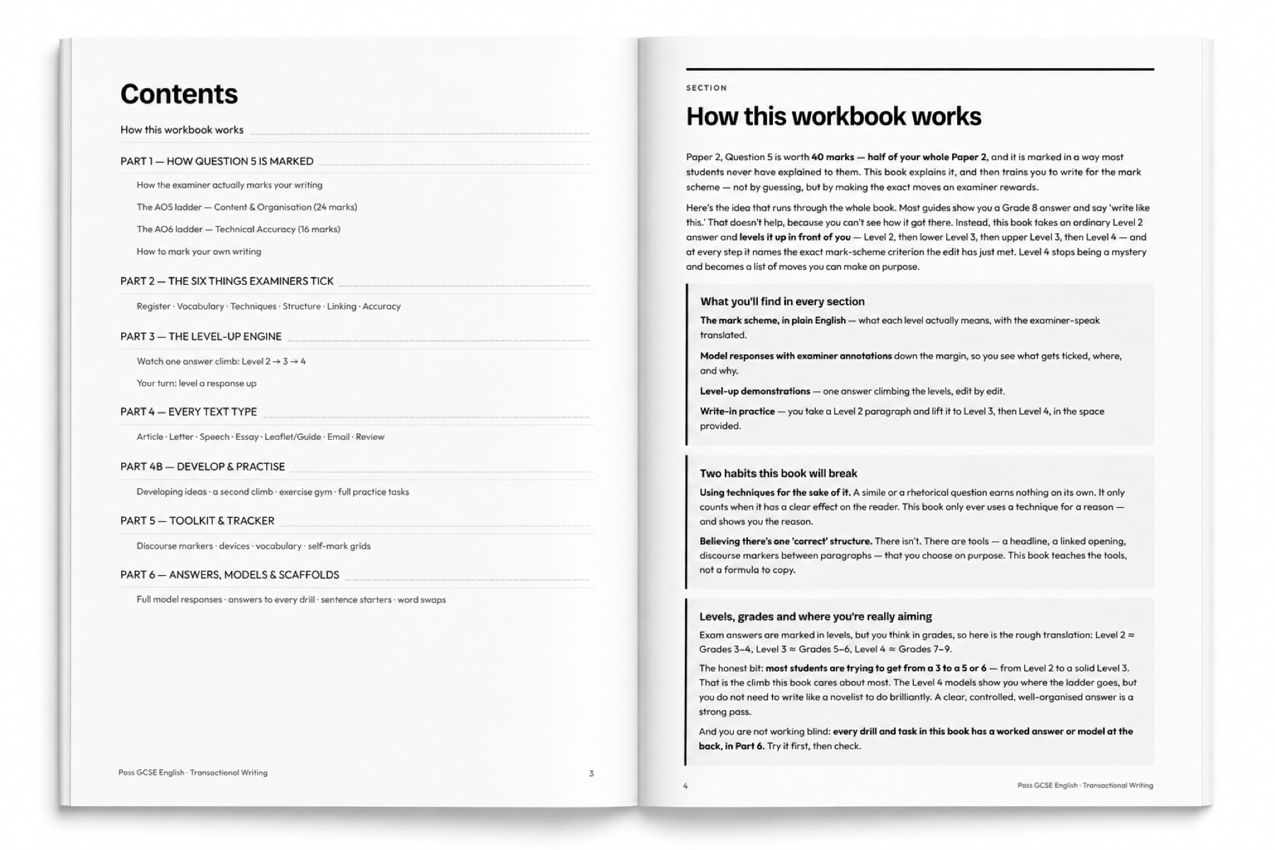 Two pages from the Transactional Writing workbook, showing the contents list and the How this workbook works section explaining the level-up method.